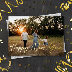 Modernes, elegantes Script-Happy New Year Foto Gol Folien Feiertagskarte
