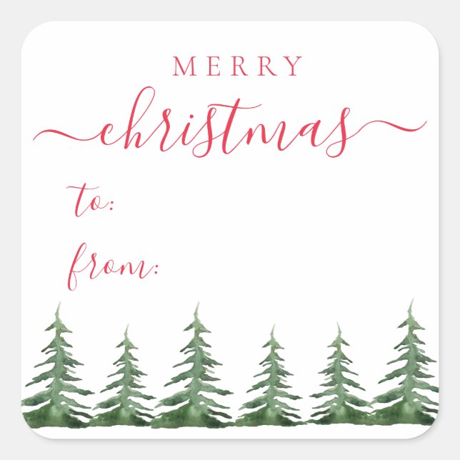 Modernes & elegantes Script Pine Trees Weihnachtsg Quadratischer Aufkleber (Vorderseite)