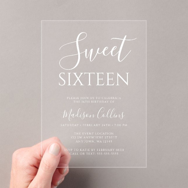 Modernes, elegantes Script Sweet 16 Acryleinladungen (Insitu (Handheld))