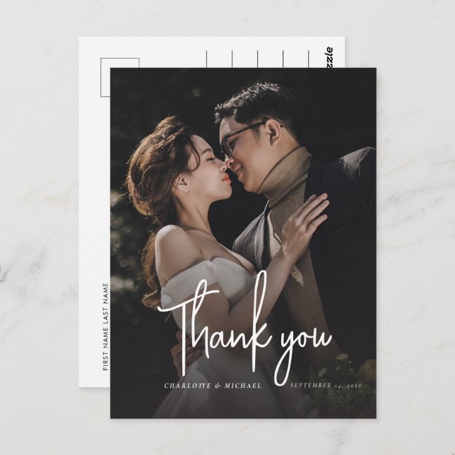 Modernes, elegantes Script Wedding Foto Vielen Dan Postkarte (Vorne/Hinten)
