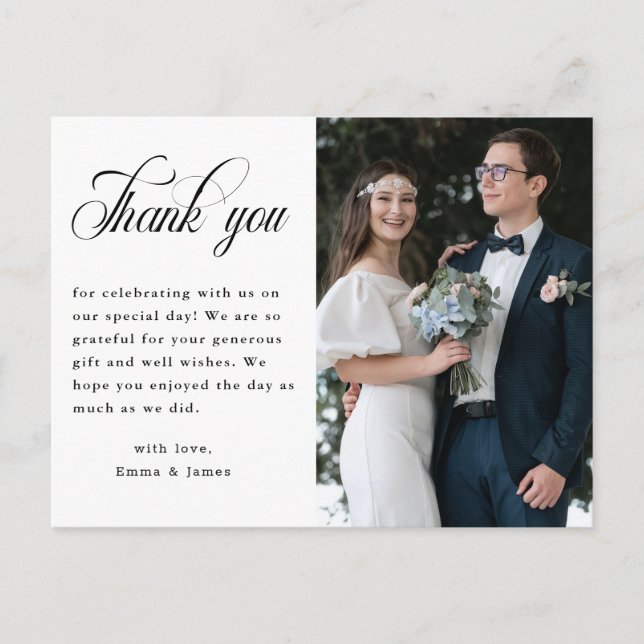 Modernes, elegantes Script Wedding Foto Vielen Dan Postkarte (Vorderseite)