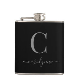 Modernes, elegantes Silver Black Monogram Script Flachmann