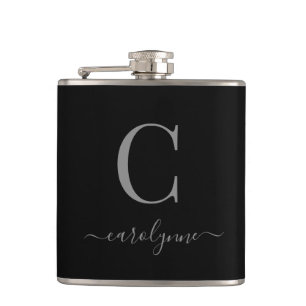 Modernes, elegantes Silver Black Monogram Script Flachmann