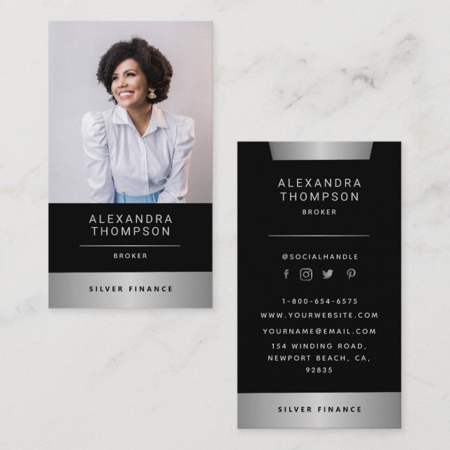 Modernes, elegantes Silver Stripe Berufliches Foto Visitenkarte (Vorne/Hinten)