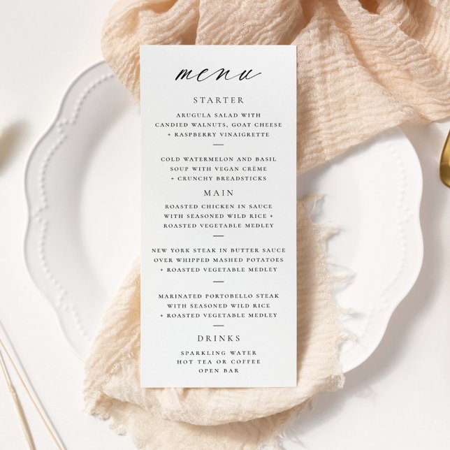 Modernes, elegantes Skript-Hochzeitmenü Werbekarte (Von Creator hochgeladen)