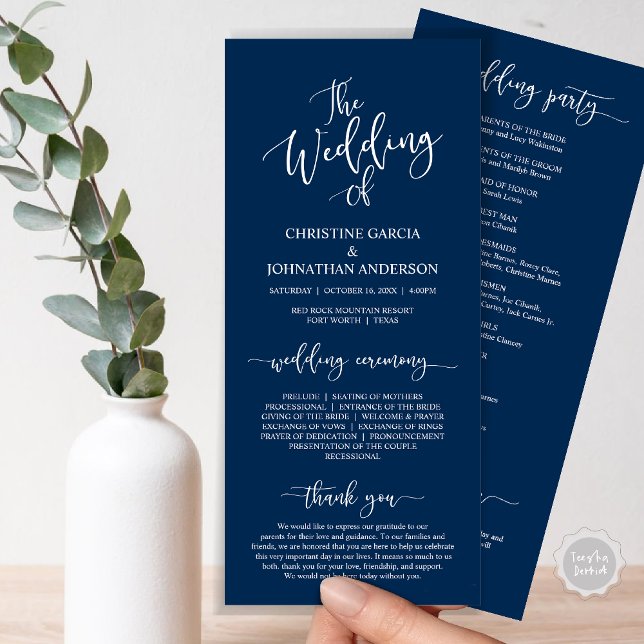 Modernes, elegantes Skript, Hochzeitsfeier Programm (Wedding Program Ceremony Card, Modern Romantic Script, Navy Blue)