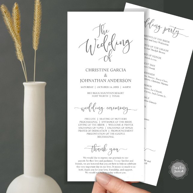 Modernes, elegantes Skript, Hochzeitsfeier Programm (Wedding Program Ceremony Card, Modern Romantic Script, Dark Grey)