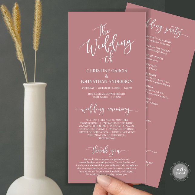 Modernes, elegantes Skript, Hochzeitsfeier Programm (Wedding Program Ceremony Card, Modern Romantic Script, Dusty Rose Red Pink)