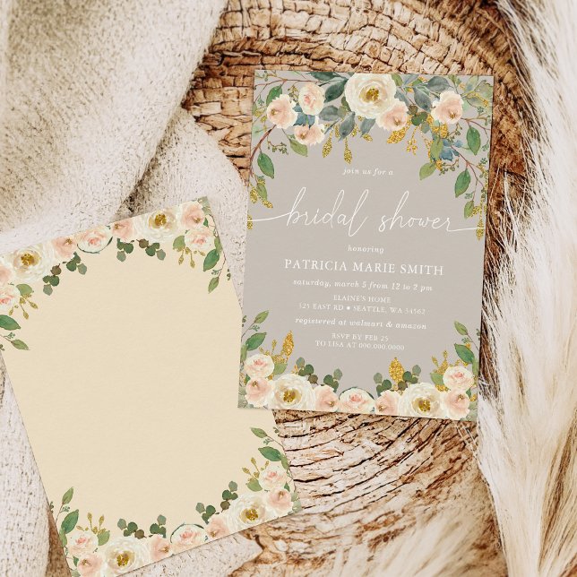 Modernes Elegantes Taupe Peach Floral Brautparty Einladung (Modern Elegant Taupe Peach Floral Bridal Shower Invitation)
