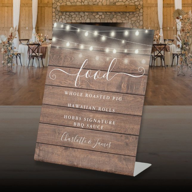Modernes, elegantes und rustikales Holzspeisenmenü Sockelschild (Modern Elegant String Lights Rustic Wood Food Menu Pedestal Sign)