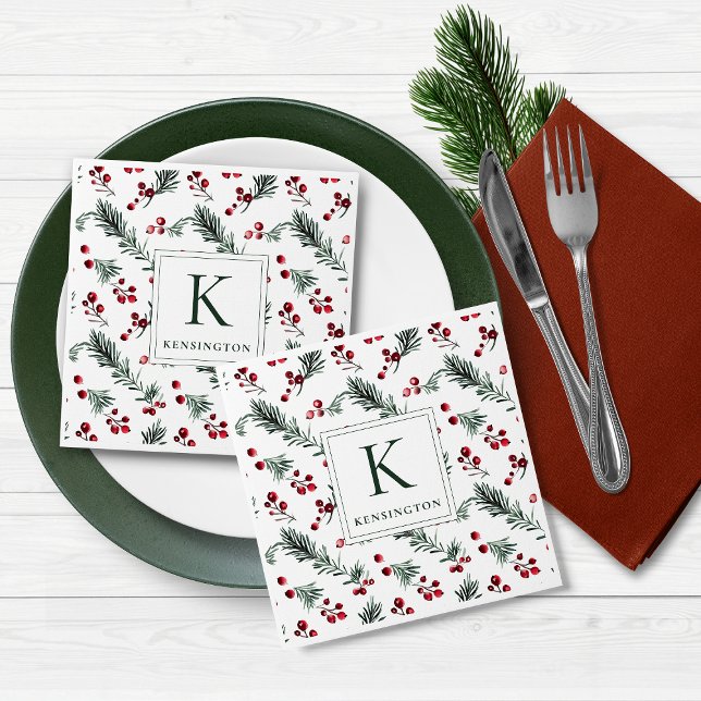 Modernes elegantes Weihnachtsmongramm Serviette (Modern Elegant Christmas Botanical Monogram Napkins)