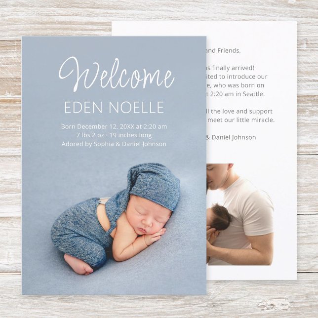 Modernes, elegantes White Script 2 Foto Neugeboren Ankündigung (Modern, elegant, white script 2 photo newborn birth announcement flat card. Simple baby photo card.)