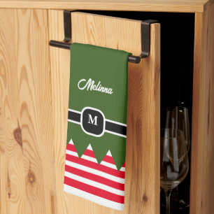 Modernes Elf Pine Green Holiday Monogram Geschirrtuch