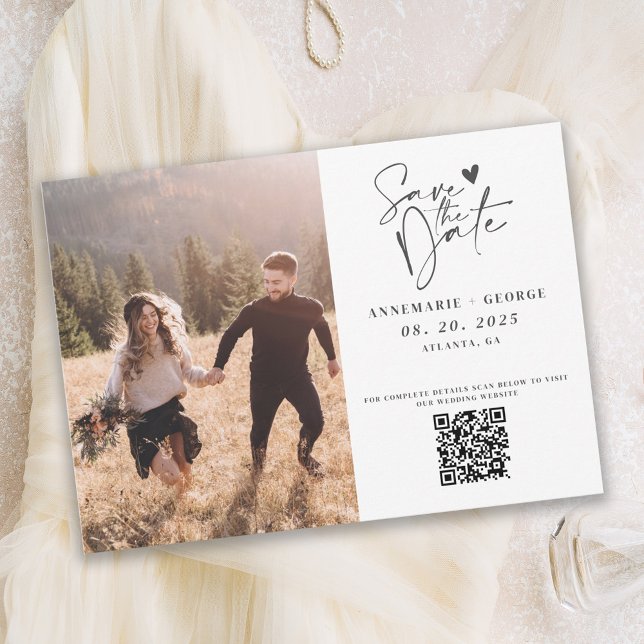 Modernes Elfenbeinkalligrafie-Foto QR-Code Save The Date (Von Creator hochgeladen)
