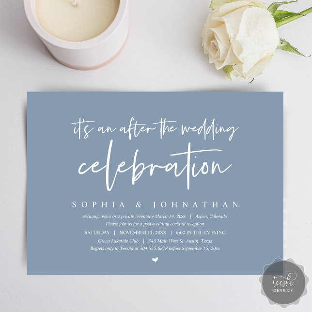 Modernes Elopement nach der Hochzeitsfeier Einladung (After the wedding celebration Invitation Card, Modern Dusty Blue Elopement Dinner, Party, Download)