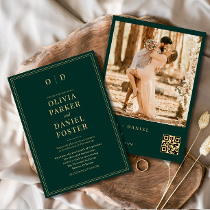 Modernes Emerald Green Gold Foto QR Code Wedding Einladung
