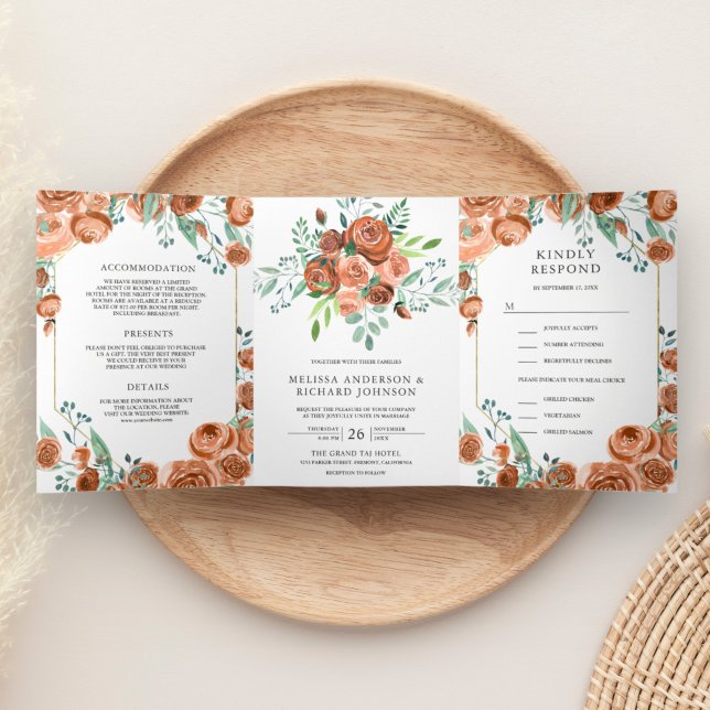 Modernes Erdöl Orange Floral 3 bei 1 Hochzeit Dreifach Gefaltete Einladung (Von Creator hochgeladen)