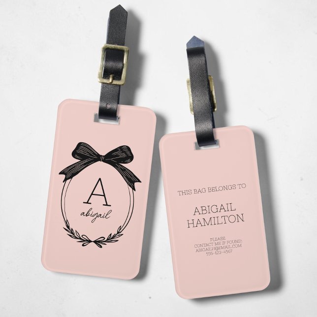 Modernes, erstklassiges Schwarzweißrosa Monogramm Gepäckanhänger (Modern Initial Black Bow Blush Pink Monogram Luggage Tag)