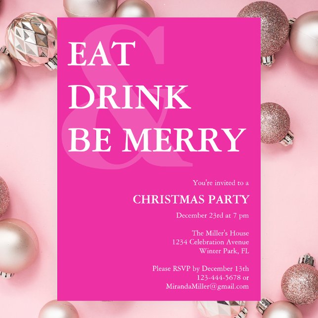 Modernes Essen Drink & Be Merry Pink Weihnachten P Einladung (Von Creator hochgeladen)