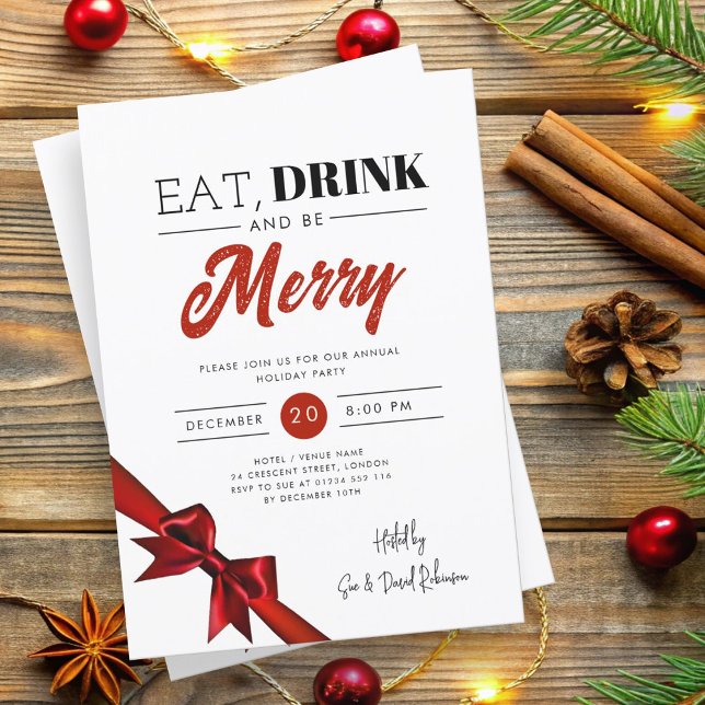 Modernes Essen, trinken Sie fröhlich Xmas rotes Ba Einladung (Modern Eat, Drink Be Merry Xmas Red Ribbon Invitation)