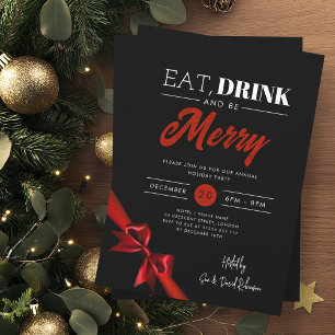 Modernes Essen, trinken Sie Merry Xmas Red Ribbon Einladung