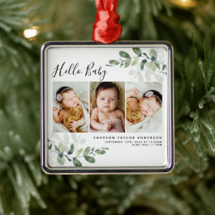 Modernes Eukalyptus-Baby-Foto Ornament Aus Metall