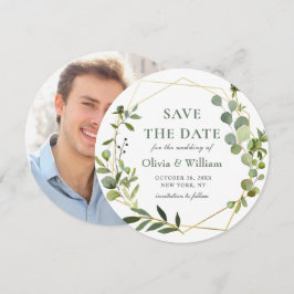 Modernes Eukalyptus-FOTO-Hochzeit spart das Datum Einladung
