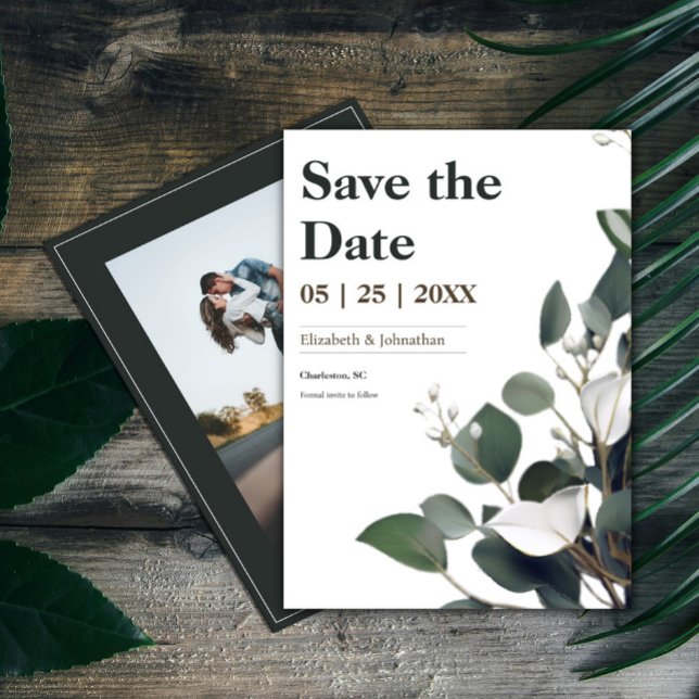 Modernes Eukalyptus-Foto Save The Date (Modern Eucalyptus Photo Save the Date)