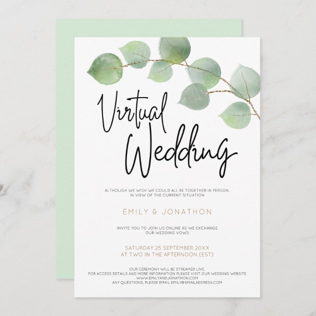 Modernes Eukalyptus Leaf Script Virtual Wedding Einladung (Vorne/Hinten)