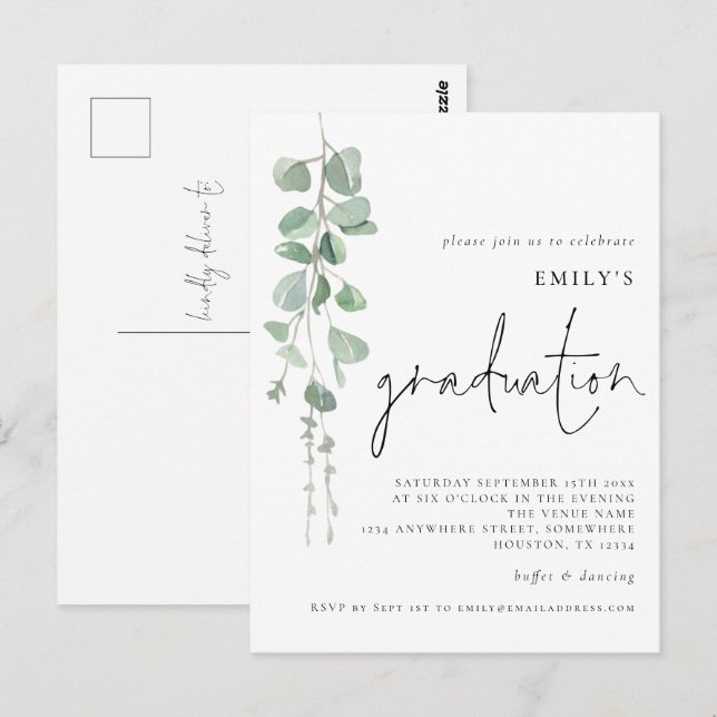 Modernes Eukalyptus Script 2024 Abschluss Einladun Postkarte (Vorne/Hinten)