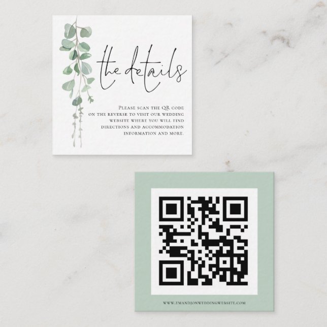 Modernes Eukalyptus Script QR Code Hochzeitdetails Begleitkarte (Vorne/Hinten)