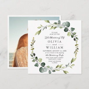 Modernes Eukalyptus-Wreath-Frame-FOTO Hochzeit Einladung