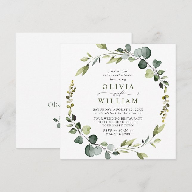 Modernes Eukalyptus Wreath Frame PROBE DINNER Einladung (Vorne/Hinten)