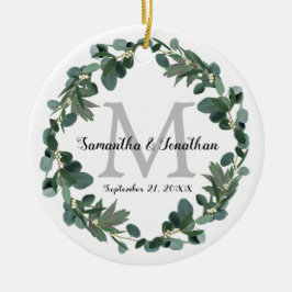 Modernes Eukalyptus-Wreath-Monogramm-Hochzeitssäck Keramik Ornament