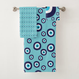 Modernes Evil Eye Navy Blue Aqua Circles Muster Badhandtuch Set