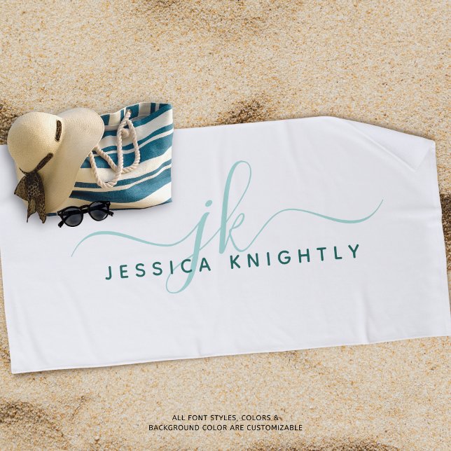 Modernes Extravagantes Script Monogram Aquamarin T Strandtuch (Von Creator hochgeladen)