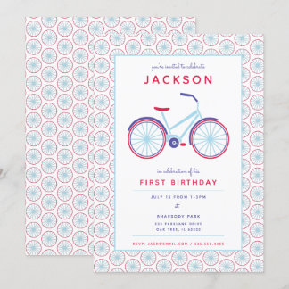 Modernes Fahrrad in Blau und Rot Einladung zum Geb