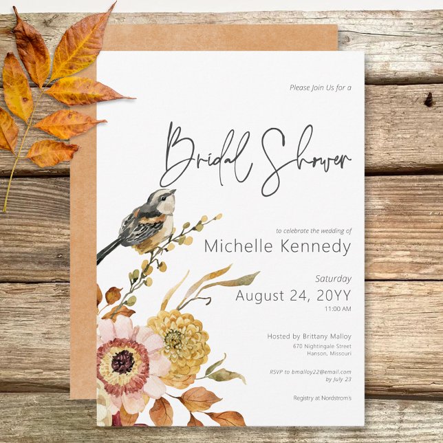 Modernes Fall Floral & Bird Brautparty Einladung (Modern Fall Floral & Bird Bridal Shower Invitation)