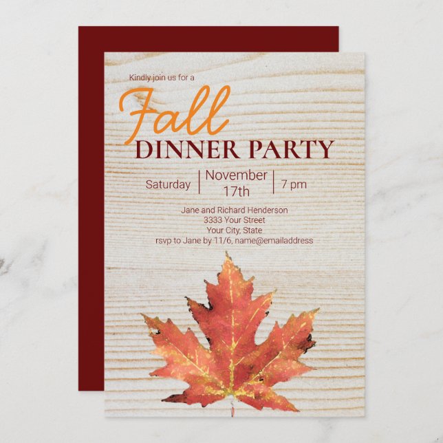 Modernes Fall Leaf Burgundy Dinner Party Einladung (Vorne/Hinten)