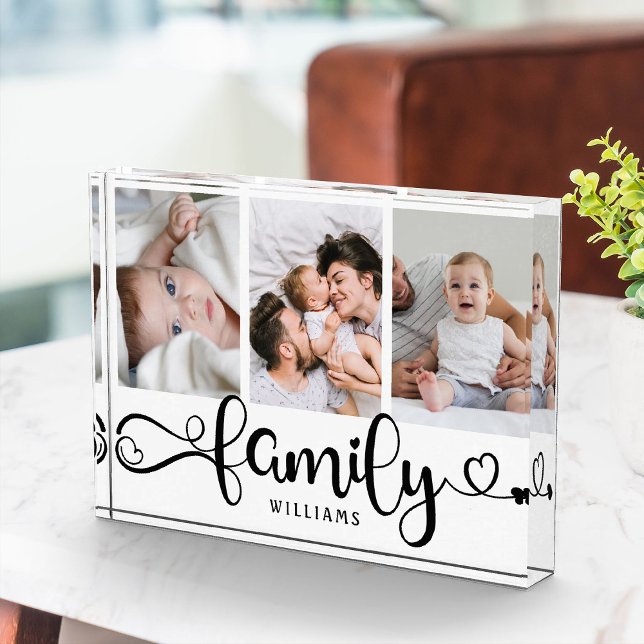 Modernes, familiäres Script Collage Einfaches eleg Fotoblock (Triple the love! Our custom family photo block, cute script, and a trio of cherished moments.)