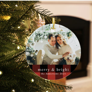 Modernes, familienrotes Buffalo Kariert mit Foto K Keramik Ornament