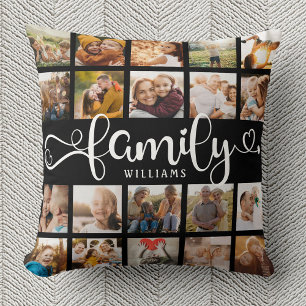Modernes Familienskript 20 Foto Collage Chic Black Kissen