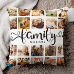 Modernes Familienskript 20 Foto Collage Chic Stilv Kissen<br><div class="desc">Modernes,  individuelles Foto-Collage Kissen mit Platz für 20 Fotos rund um ein trendiges Wirbles Skript lesen FAMILY und Ihr individuelle Name unten. Dies ist die zweiseitige Version.</div>