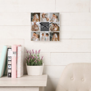 Modernes Family Collage Foto & Personalisierte Ges Quadratische Wanduhr