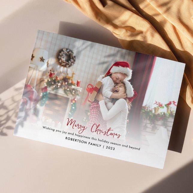 Modernes Family Foto Stilvolle Weihnachtsschrift Feiertagskarte (Plaid Christmas Photo Rustic Greetings Card)