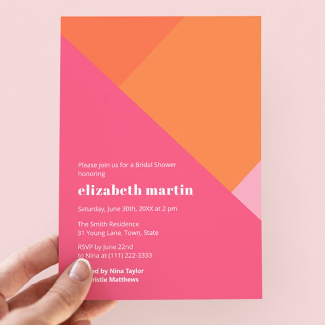 Modernes Farbblock Rosa Orangefarbenes Brautparty  Einladung (Bold color block bridal shower geometric invitation design in magenta, clementine, mandarin & pink)