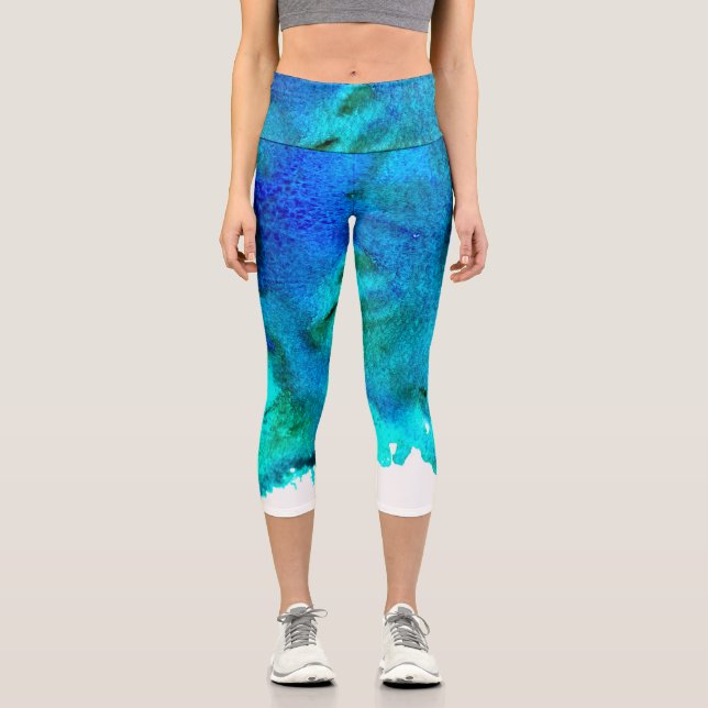 Modernes, farbenfroh blaues Meerwasserfarbenmarmor Capri Leggings (Vorderseite)