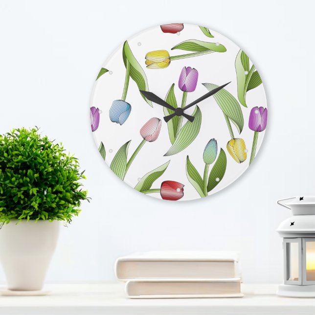 Modernes, farbenfrohe Tulip Blume Muster Große Wanduhr (Von Creator hochgeladen)