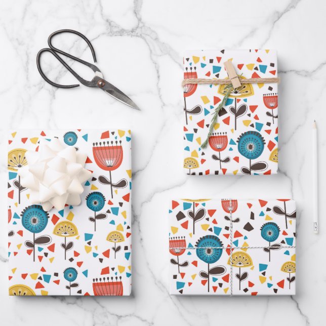 Modernes, farbenfrohes Blumenmuster aus dem Mittel Geschenkpapier Set (Vorderseite)