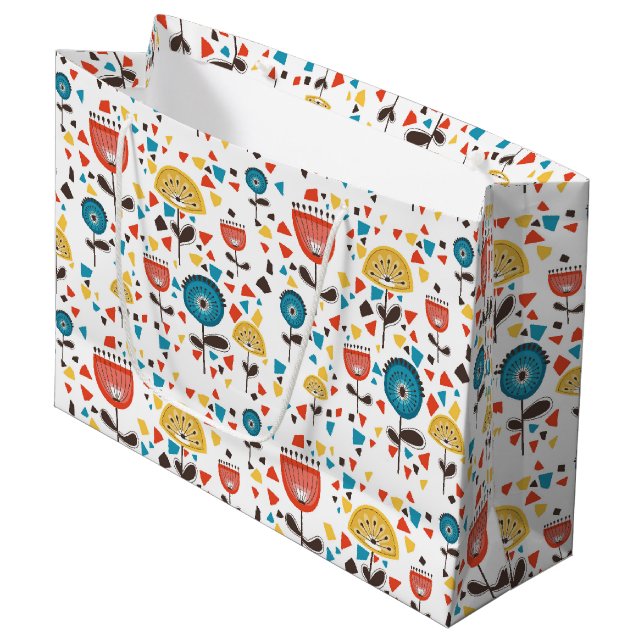 Modernes, farbenfrohes Blumenmuster aus dem Mittel Große Geschenktüte (Vorderseite Schrägansicht)